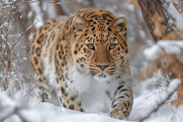 Fototapeta premium A photorealistic depiction of the rare Amur leopard in motion through a snowy forest. 