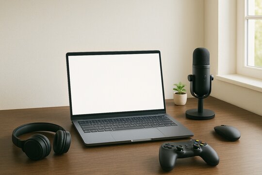 Minimal workspace with laptop and gaming accessories in daylight