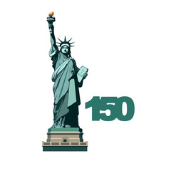 Statue of Liberty monument, poster. 150 years. July 4, USA Independence Day. Green flat design template. Holiday, welcome to America USA. New York symbol, banner, advertisement. Vector illustration 