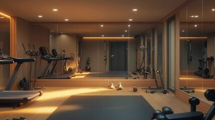 Luxury Home Gym Design: Modern Fitness Room with Mirrors and Wooden Floors - Powered by Adobe