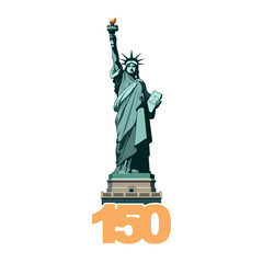 Statue of Liberty monument, poster. 150 years. July 4, USA Independence Day. Green flat design template. Holiday, welcome to America USA. New York symbol, banner, advertisement. Vector illustration