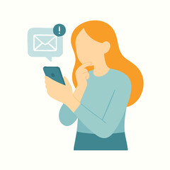 Flat Illustration Woman Receiving New Message on Mobile Phone Communication