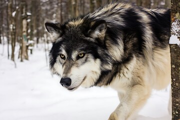 Fototapeta premium Wolf in winter forest closeup portrait