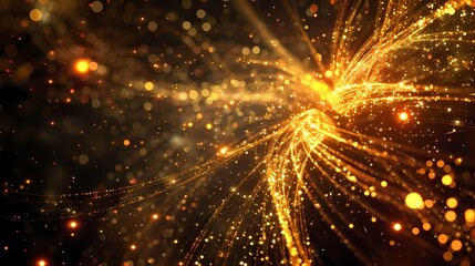 Naklejka premium Golden particles shimmer and swirl against a dark background, creating a magica