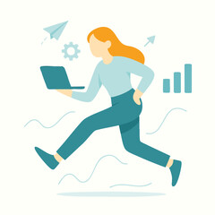Flat Style Energetic Woman Running with Laptop Illustration, Business Concept