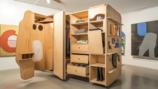 Sculptural Wooden Wardrobe: A Modern Art Installation