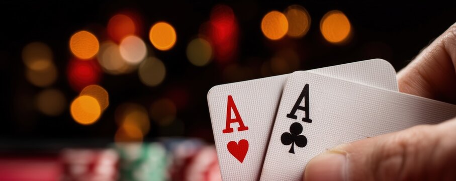 A poker player holding two cards: ace of hearts and ace of clubs against blurred background of casino chips. Bet