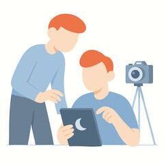 Flat Illustration Two Men Using Tablet and Camera Gadget Technology