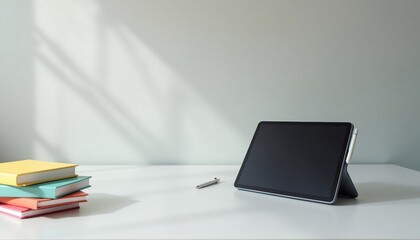 Digital tablet with stylus and colorful books on white desk