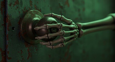 Skeleton hand gripping doorknob