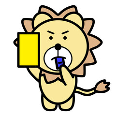 真剣な表情のライオンキャラクターがイエローカードを掲げるイラスト／注意・警告・スポーツ審判シーンに使える素材