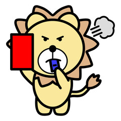怒った表情のライオンキャラクターがレッドカードを掲げるイラスト／退場・反則・スポーツ審判シーンに使える素材