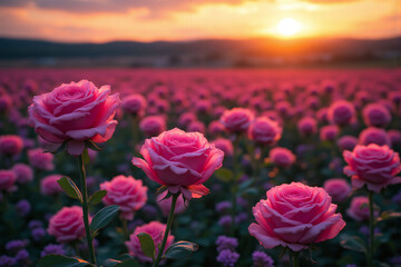 field of pink roses with the sun setting in the background