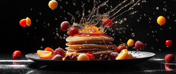 Pancakes with fruits and syrup splashing in the air, black background.