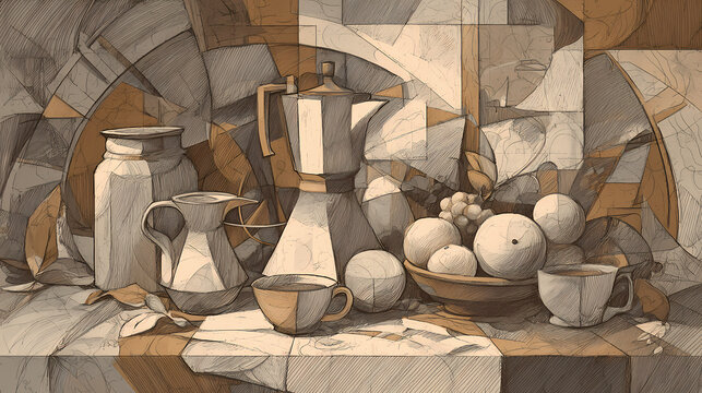 still life reference for digital artists | harmonic stillness | structured calm | soft warm browns | spatial ambiguity | fruit arrangement | structural color planes | broken brushwork | southern