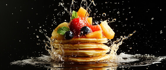 Pancakes with fruits and syrup splashing in the air, black background.