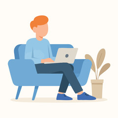 Modern Flat Illustration Man Working on Laptop in Armchair Illustration