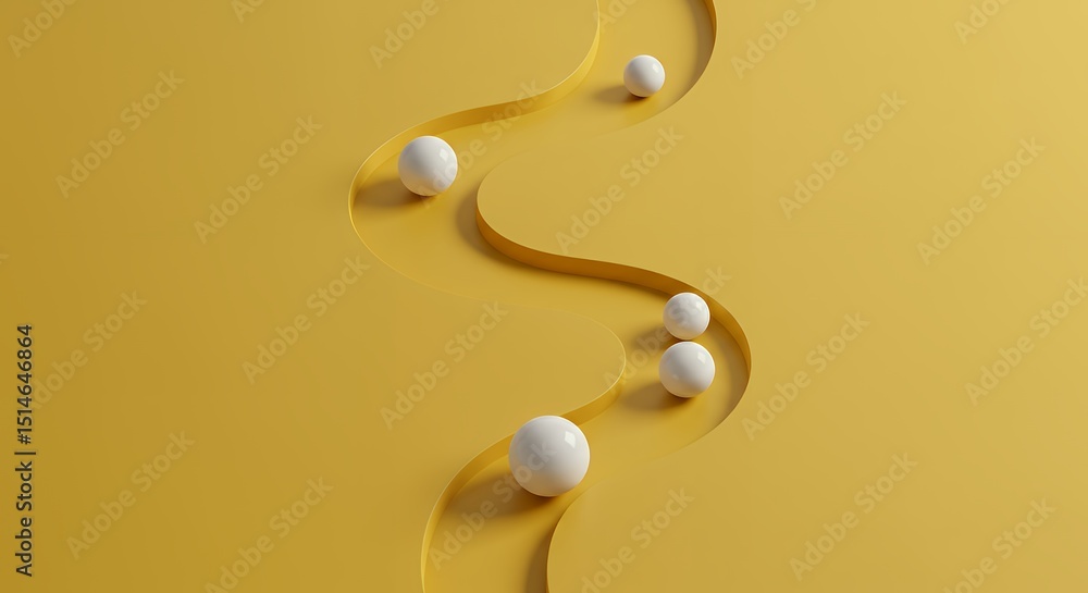 Poster abstract yellow background with white spheres rolling down a curved path minimalist 3d render