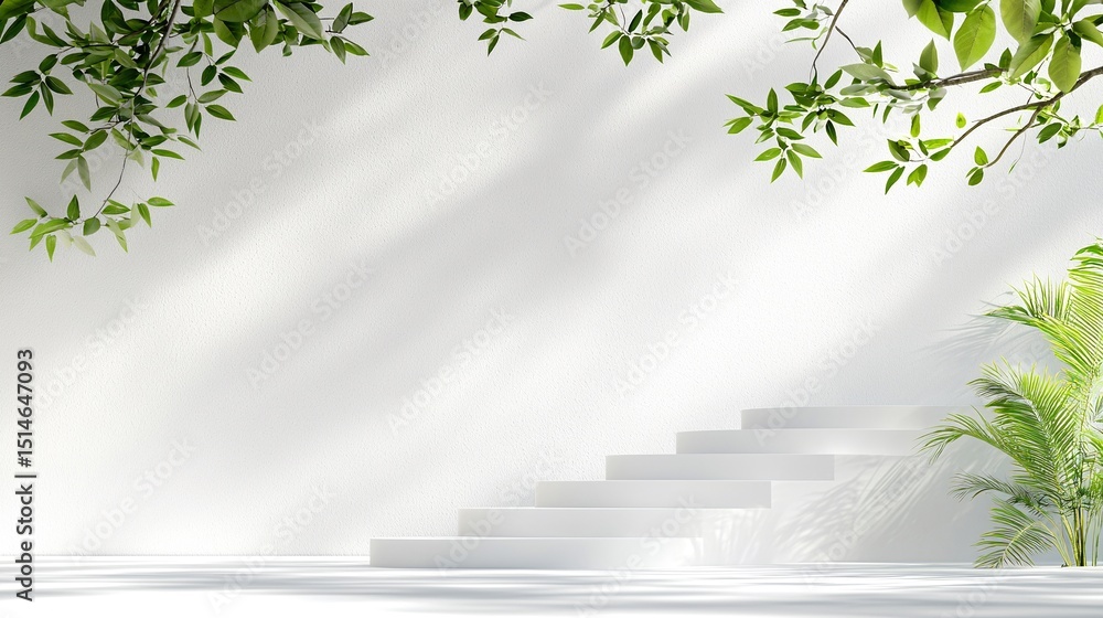 Poster glossy white stage with empty background and greenery