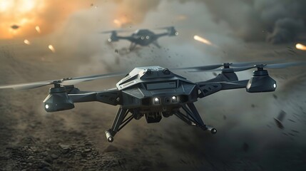 Advanced Combat Quadcopter Drones on a Tactical Mission in a Gritty Battlefield Environment