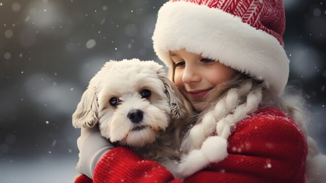 Happy child hugging a cute puppy in the snow at Christmas