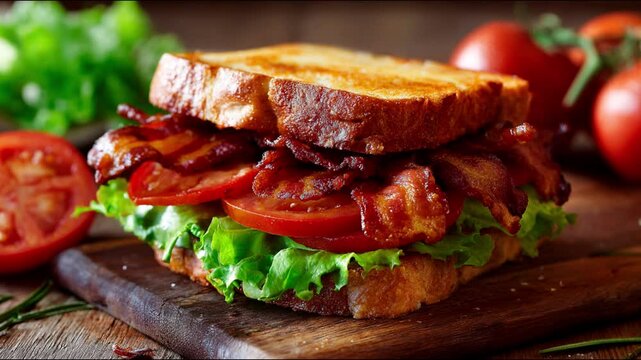 A delicious BLT sandwich on a wooden board.