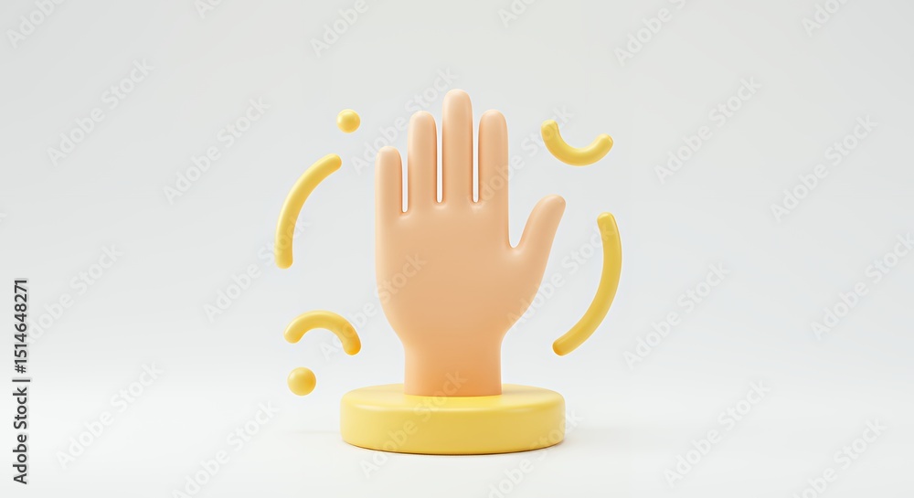 Poster 3d render of a hand gesture on yellow stand with abstract shapes illustrating digital interaction