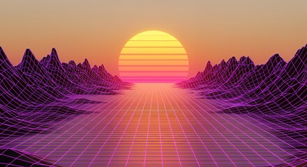 Retro Synthwave Sunset Over Wireframe Mountains and Gridded Lake