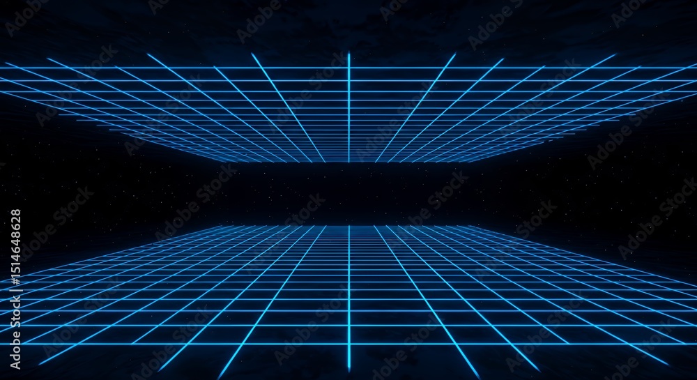 Poster retro futuristic gridscape: a digital cyberpunk dreamscape of neon lines and virtual space