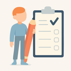 Flat Illustration Man Holding Pencil Completing Task Checklist on Clipboard