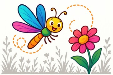 Lively Cartoon Dragonfly Circling a Flower &ndash; Playful Nature Illustration on White Background