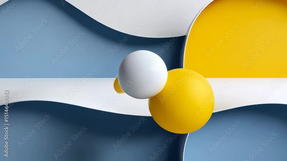 Poster yellow and blue background with two white spheres in the middle. the spheres are floating in the air
