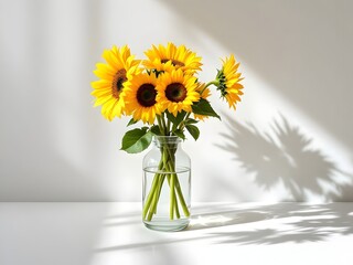 Bouquet of sunflowers in vase on a white background
