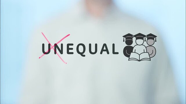 University professor promoting equal opportunities, crossing out the word unequal written on a transparent board, advocating for diversity and inclusion in higher education
