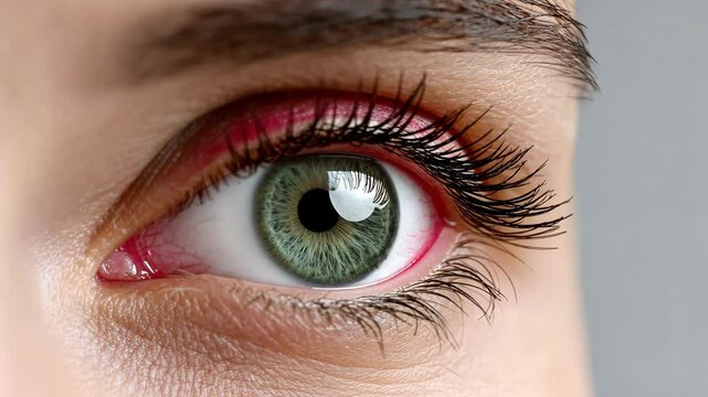 Woman's eye is green and has a red tint. The eye is surrounded by lashes and the iris is visible