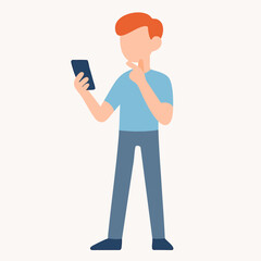 Flat Design Character Using Mobile Phone with Confused Expression Illustration