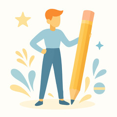 Flat Style Man Holding Big Pencil Writing Tool Illustration