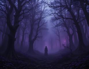 Silhouette of a person in a misty purple forest with bare trees and eerie atmosphere