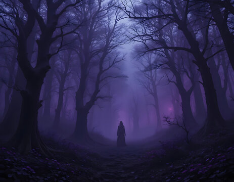 Silhouette of a person in a misty purple forest with bare trees and eerie atmosphere