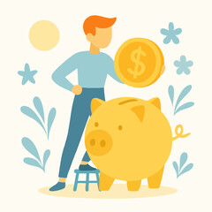 Flat Illustration Person Holding Coin Next to Piggy Bank Financial Savings