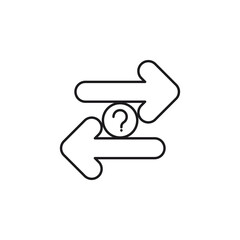 Uncertainty icon with two arrows, question mark, and opposite directions symbolizing choice with unknown outcomes. Ideal for decisionmaking concepts.