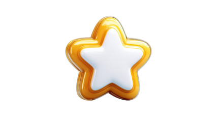 3D rendered, bright yellow star with white center.  Glossy, cartoonish style