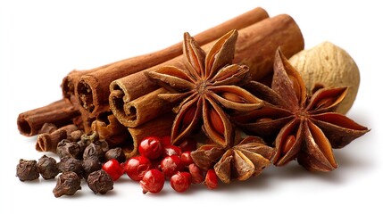 Still life arrangement of cinnamon sticks star anise peppercorns and nutmeg on a white background