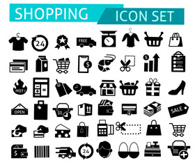 Shopping icon set. Containing basket, shopping cart, discount, online shopping, sale, client, delivery, wallet and shop. Solid vector icons collection.