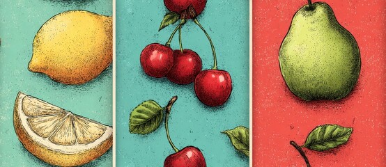 Vintage Illustration of Fruit Variety on Colorful Backgrounds Featuring Cherry Pear Lemon
