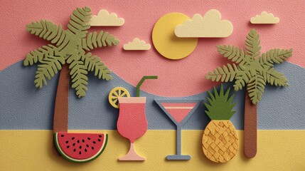 Colorful Tropical Scene with Palm Trees Drinks Pineapple Watermelon and Sun