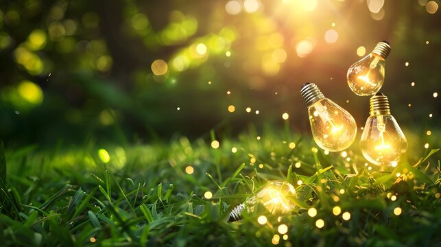 Glowing Lightbulbs Sprouting from Sunlit Grass with Magical Bokeh