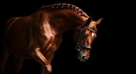 Majestic Chestnut Horse Portrait Against Black Background:  A Stunning Study in Equine Elegance and Grace