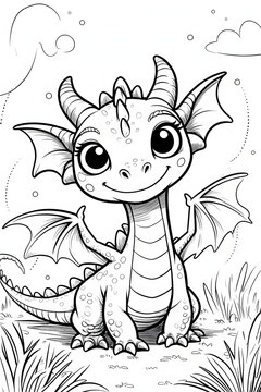 Ausmalbild freundlicher Drache in schwarz wei&szlig; handgezeichnet f&uuml;r ein Kindermalbuch oder als Vorlage zum Ausmalen