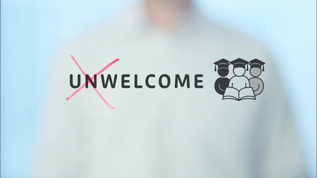 University professor rejects discrimination and promotes inclusion by crossing out the word unwelcome written on a transparent board next to a symbol of a multiethnic group of graduated students